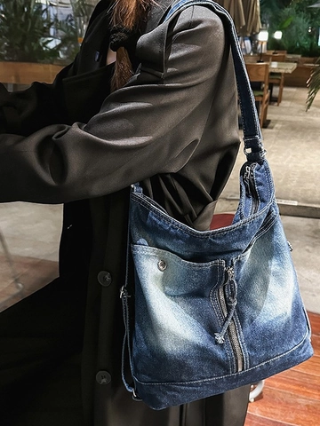 Vintage Gewaschen Denim Hobo Tasche Für Damen Große Kapazität Denim Schultertasche Retro Umhängetasche Reise Pendler Tasche Mode Tote
