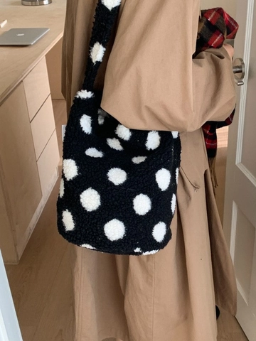 Borsa a Secchiello in Peluche da Donna Grande Capacità Pois Stampa Leopardata Borsa a Tracolla in Finta Sherpa Casual Invernale