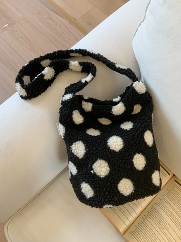 Borsa a Secchiello in Peluche da Donna Grande Capacità Pois Stampa Leopardata Borsa a Tracolla in Finta Sherpa Casual Invernale