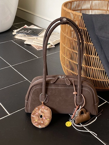Borsa Sottobraccio Boston in PU Vintage per Donna Grande Capacità Borsa a Tracolla Retro Cuscino Con Cuciture a Contrasto