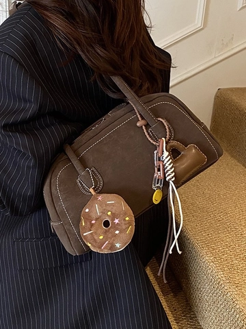 Borsa Sottobraccio Boston in PU Vintage per Donna Grande Capacità Borsa a Tracolla Retro Cuscino Con Cuciture a Contrasto
