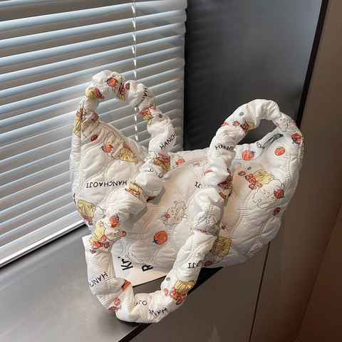 Large Capacity Quilted Cloud Crossbody Bag For Women Ruched Cartoon Animal Print Hobo Bag Fashion Casual Fabric Shoulder Bag Commuting Bag