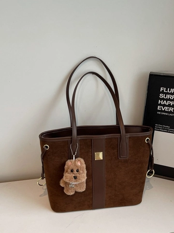 Retro Women Frosted PU Leather Tote Bag Large Capacity Commute Shoulder Bag Minimalist Stitching Handbag With Plush Dog Pendant
