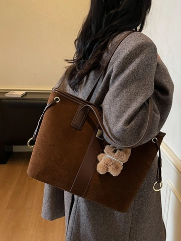 Retro Women Frosted PU Leather Tote Bag Large Capacity Commute Shoulder Bag Minimalist Stitching Handbag With Plush Dog Pendant