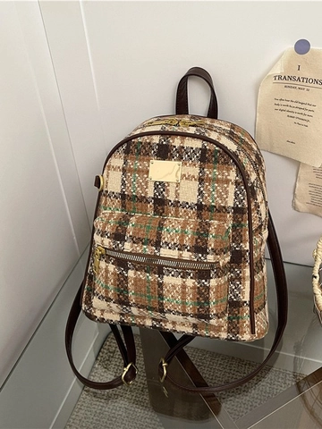 Women Retro Tweed Plaid Backpack Fashion Small Commuting Travel Rucksack With Gold Metal Zipper For Girls Daily Bag