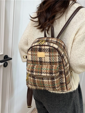 Women Retro Tweed Plaid Backpack Fashion Small Commuting Travel Rucksack With Gold Metal Zipper For Girls Daily Bag