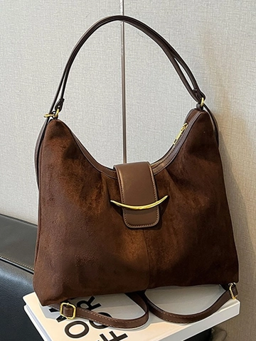 Sac à Épaule Femme Vintage Français Grande Capacité Simili Daim Cuir PU Cabas Avec Boucle en Métal Doré Sac à Main Hobo
