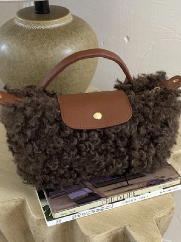 Borsa a Mano da Donna in Lana di Agnello Sintetica Patchwork Vintage Raffinata Tracolla in Pelle Borsa Peluche Invernale