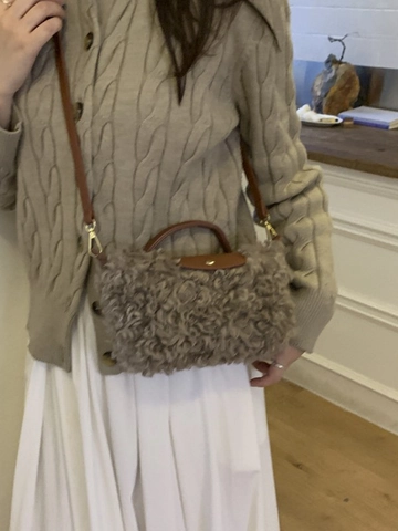Borsa a Mano da Donna in Lana di Agnello Sintetica Patchwork Vintage Raffinata Tracolla in Pelle Borsa Peluche Invernale