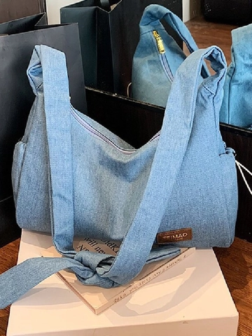 Damen Casual Denim Canvas Schultertasche Große Kapazität Gestreifte Hobo Tasche Mit Kordelzug Knoten Riemen Retro Umhängetasche