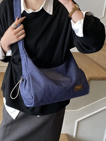 Damen Casual Denim Canvas Schultertasche Große Kapazität Gestreifte Hobo Tasche Mit Kordelzug Knoten Riemen Retro Umhängetasche