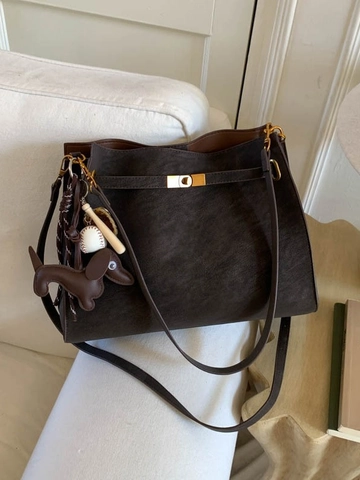 Bolso de Cubo de Cuero PU Retro de Gran Capacidad para Mujer Bolso de Hombro Cruzado Minimalista con Cierre Giratorio y Abalorio Perro Béisbol