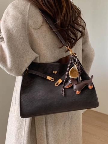 Bolso de Cubo de Cuero PU Retro de Gran Capacidad para Mujer Bolso de Hombro Cruzado Minimalista con Cierre Giratorio y Abalorio Perro Béisbol