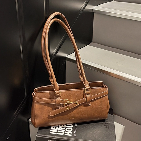 Bolso de Axila de Cuero PU Retro Para Mujer de Gran Capacidad Minimalista Bolso de Hombro Color Sólido Moda Bolso Tote Cuadrado Pequeño