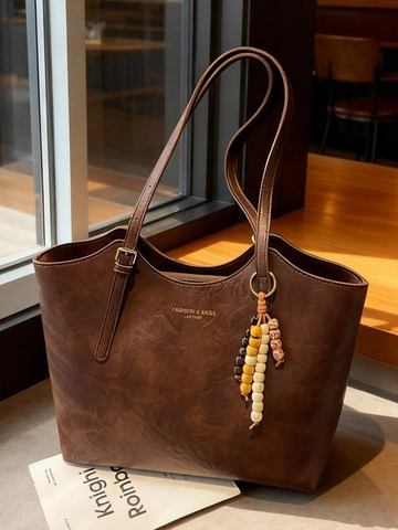 Vintage Women PU Leather Tote Bag Large Capacity Shoulder Bag With Colorful Bead Charm Retro Commuter Handbag For Ladies
