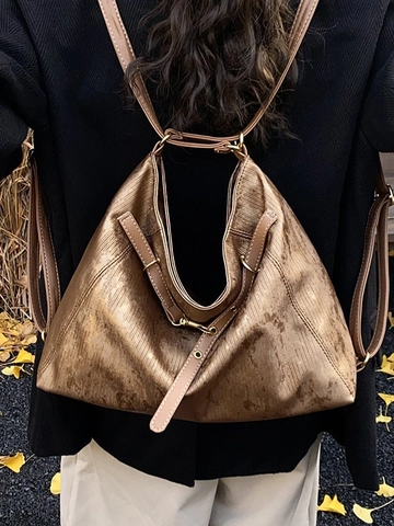 Women Fashion Large Capacity PU Leather Backpack Retro Metallic Texture Multi Purpose Tote Bag Shoulder Crossbody Bag For Daily Commute