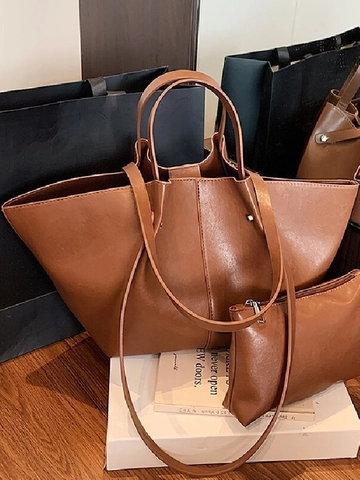 Sac Cabas en Cuir PU Rétro Avec Pochette Intérieure Grande Capacité pour Femme Mode Simple Surpiqué Sac à Épaule