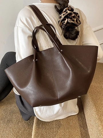 Sac Cabas en Cuir PU Rétro Avec Pochette Intérieure Grande Capacité pour Femme Mode Simple Surpiqué Sac à Épaule