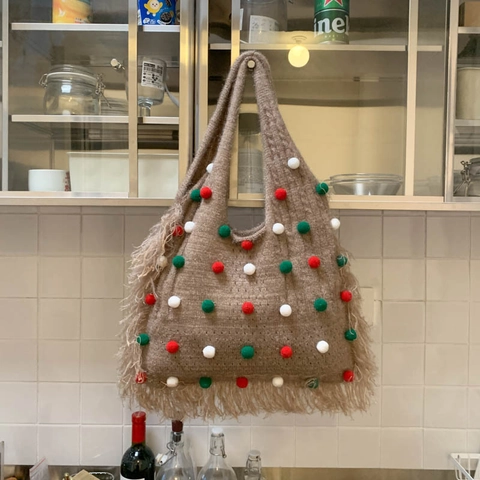 Borsa Tote in Maglia da Donna Con Pon Pon e Frange Grande Capacità Borsa a Spalla Stile Natalizio Festivo Borsa Autunno Inverno