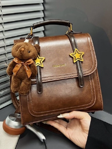 Vintage Star PU Δερμάτινο Σακίδιο Πλάτης για Γυναίκες Κορεάτικο Στυλ Ρετρό Μικρή Σχολική Τσάντα Μενταγιόν Αρκουδάκι