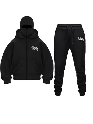 Tuta Streetwear da Uomo Maschera Balaclava Integrata Felpa con Cappuccio in Pile di Poliestere Pantaloni Sportivi