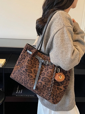 Sac Fourre-tout Grande Capacité Imprimé Léopard Vintage Texture Suède Sac à Bandoulière Pour Femmes Mode Sac Décontracté