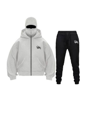 Tuta Streetwear da Uomo Maschera Balaclava Integrata Felpa con Cappuccio in Pile di Poliestere Pantaloni Sportivi
