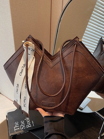 Borsa Tote in Pelle PU Vintage Grande Capacità Apertura a V Borsa a Tracolla Con Decorazione Nastro Lettere per Donna Moda