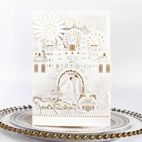 European 3D Pop-up Laser Cut Wedding Invitation Card Pearlescent Paper Hot Stamping Castle Carriage Hollow Party Invitation