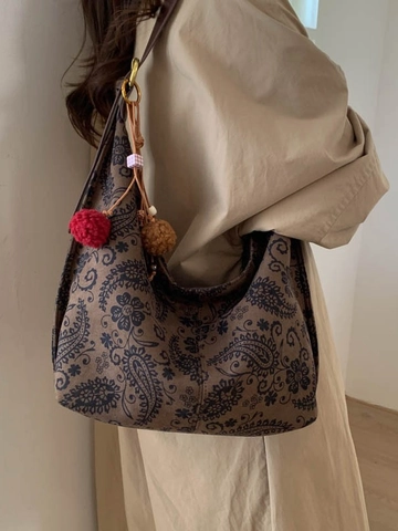 Vintage Paisley Luipaardprint Tote Bag Voor Dames Grote Capaciteit PU Leer Hobo Schoudertas Met Pompon Hanger Retro Stijl