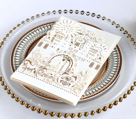 European 3D Pop-up Laser Cut Wedding Invitation Card Pearlescent Paper Hot Stamping Castle Carriage Hollow Party Invitation