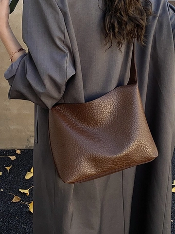 Damen Große Kapazität PU Leder Hobo Tote Tasche Lychee Muster Pendler Einzelne Schulter Umhängetasche Verstellbarem Riemen Handtasche