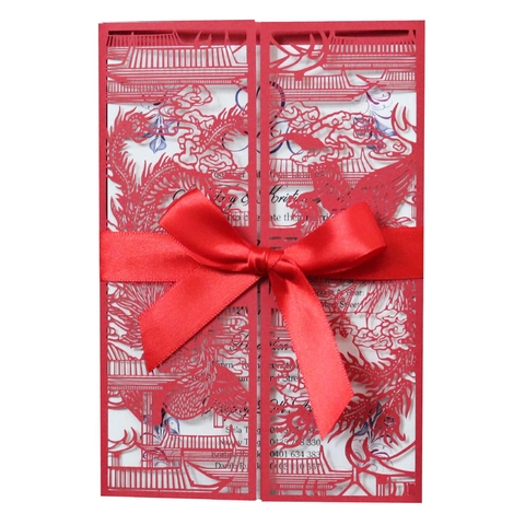Cartes d'Invitation Mariage Chinois Rouge Découpé au Laser Dragon et Phénix Avec Enveloppe et Ruban pour Célébration
