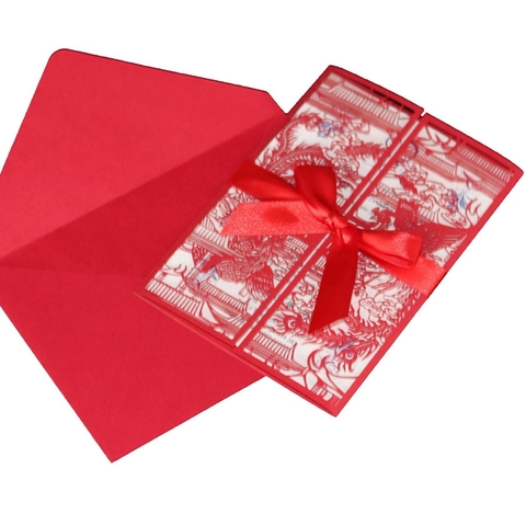 Cartes d'Invitation Mariage Chinois Rouge Découpé au Laser Dragon et Phénix Avec Enveloppe et Ruban pour Célébration