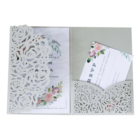 Laser Cut Rose Wedding Invitation Greeting Cards Pearlescent Paper Hollow Floral Design Engagement Party Anniversary Cards