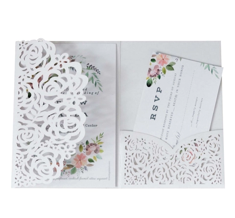 Laser Cut Rose Wedding Invitation Greeting Cards Pearlescent Paper Hollow Floral Design Engagement Party Anniversary Cards