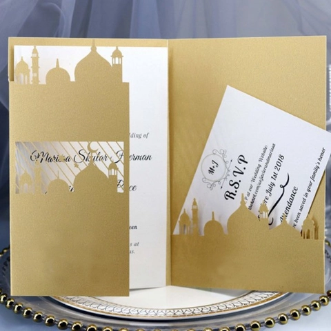 Lussuosi Inviti di Matrimonio Taglio Laser Oro Palazzo Moschea Biglietti d'Auguri Traforati Con Buste per Festa di Ramadan Eid