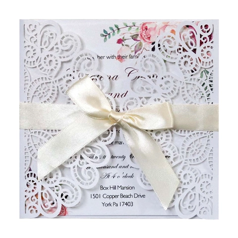 Élégantes Cartes d'Invitation de Mariage Découpe Laser Avec Nœud Papier Perlé Dentelle Creuse Invitations Florales pour Fiançailles Banquet Fournitures