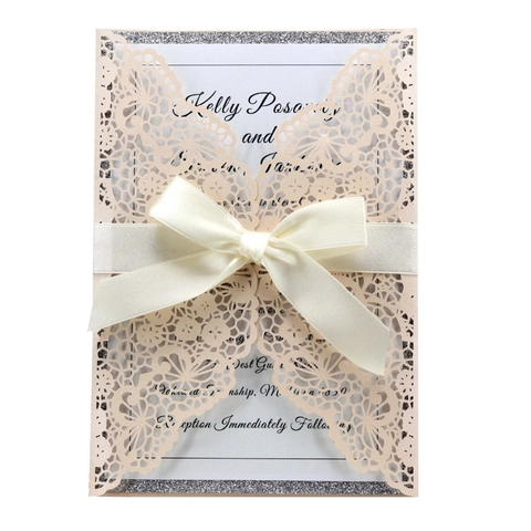 Inviti di Matrimonio Taglio Laser Carta Perlata Europea Biglietto d'Invito con Fiocco e Interno Glitterato per Banchetti