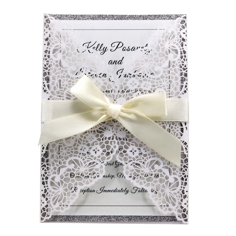 Inviti di Matrimonio Taglio Laser Carta Perlata Europea Biglietto d'Invito con Fiocco e Interno Glitterato per Banchetti