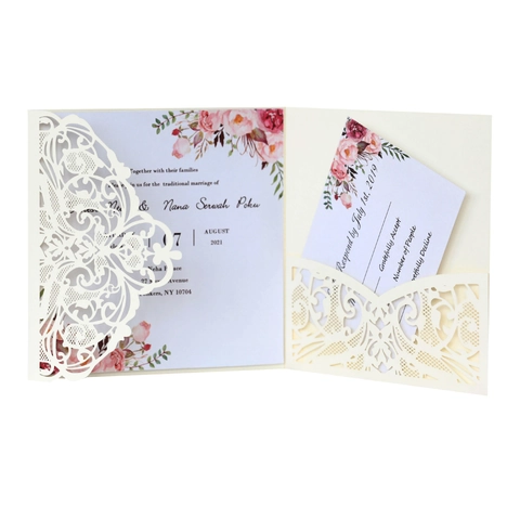 Eleganti Inviti di Nozze in Pizzo Tagliati al Laser in Stile Europeo Set Con Buste e Fogli Interni Floreali Biglietti di Auguri in Carta Perlata