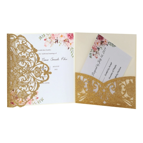 Laser Cut Glitter Paper Wedding Invitation Cards European Style Floral Hollow Out Greeting Card With RSVP Envelope