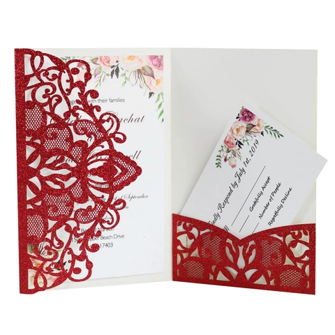 Eleganti Inviti di Matrimonio a Taglio Laser Glitterati Set Svuotato Floreale Carta Perlata Inviti di Fidanzamento Con Buste e Biglietti Per Festa