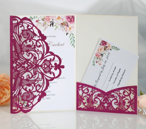 Invitaciones de Boda de Papel Perlado con Purpurina Corte Láser Invitaciones Florales Caladas Europeas para Banquete y Fiesta de Matrimonio