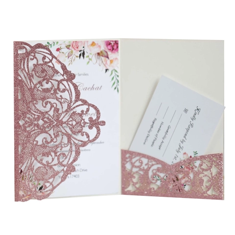 Laser Cut Wedding Invitations Glitter Paper Hollow Floral Invitation Cards With RSVP Cards And Envelopes For Engagement