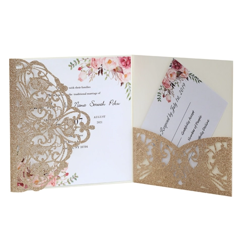 Laser Cut Glitter Paper Wedding Invitation Cards European Style Floral Hollow Out Greeting Card With RSVP Envelope