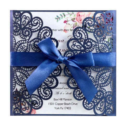 Élégantes Cartes d'Invitation de Mariage Découpe Laser Avec Nœud Papier Perlé Dentelle Creuse Invitations Florales pour Fiançailles Banquet Fournitures