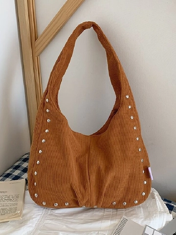 Vintage Corduroy Large Capacity Tote Bag For Women Studded Hobo Shoulder Bag Casual Versatile Commuter Handbag Soft Fabric Bag