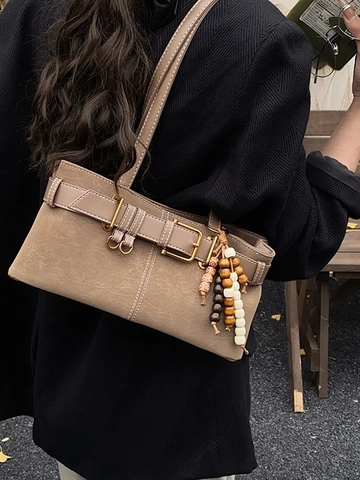 Borsa a Tracolla Vintage in Pelle PU per Donna Borsa Sottobraccio Retrò di Grande Capacità Cuciture a Contrasto Ciondolo di Perline Borsa Casual Pendolare