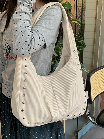 Vintage Corduroy Large Capacity Tote Bag For Women Studded Hobo Shoulder Bag Casual Versatile Commuter Handbag Soft Fabric Bag
